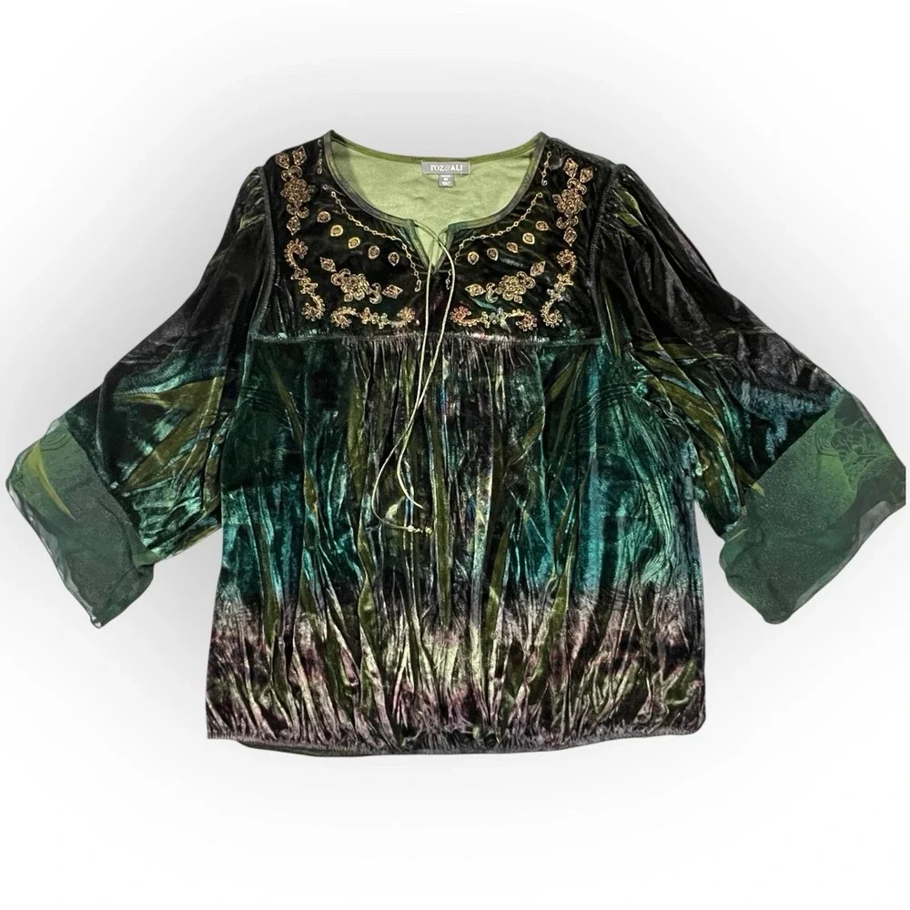 Roz & Ali Iridescent Green Velvet Top Embroidered Dark Fairy Whimsigoth Womens L
